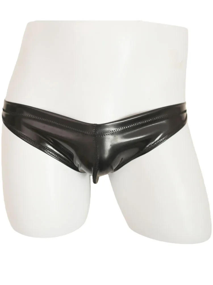 

Sexy Men Double PU Leather Bikini Briefs Wet Look PVC Mens Convex Pouch Jockstrap Hot Short Swimming Trunks Slips G-stings