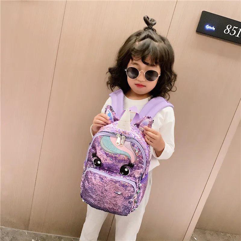 Lovely Cartoon Schoolbag For Kids Girls Fashion Unicorn Sequins Backpack Large Capacity Load-Reducing School Book Bag Children