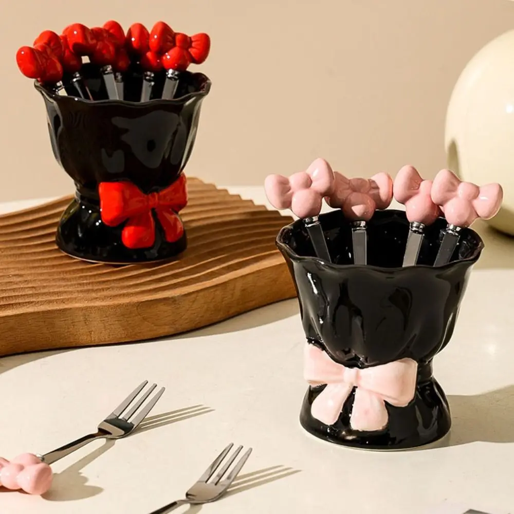 

Набор керамических вилок для фруктов с бантом, в стиле Ins, однотонные, с удобным захватом, креативные