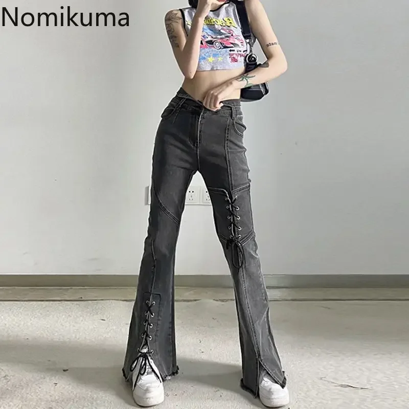 High Waist Jeans Women Bandage Split Y2k Flare Pants 2024 New Bottoms Chic Casual Denim Trousers Korean Vintage Pantalon Femme