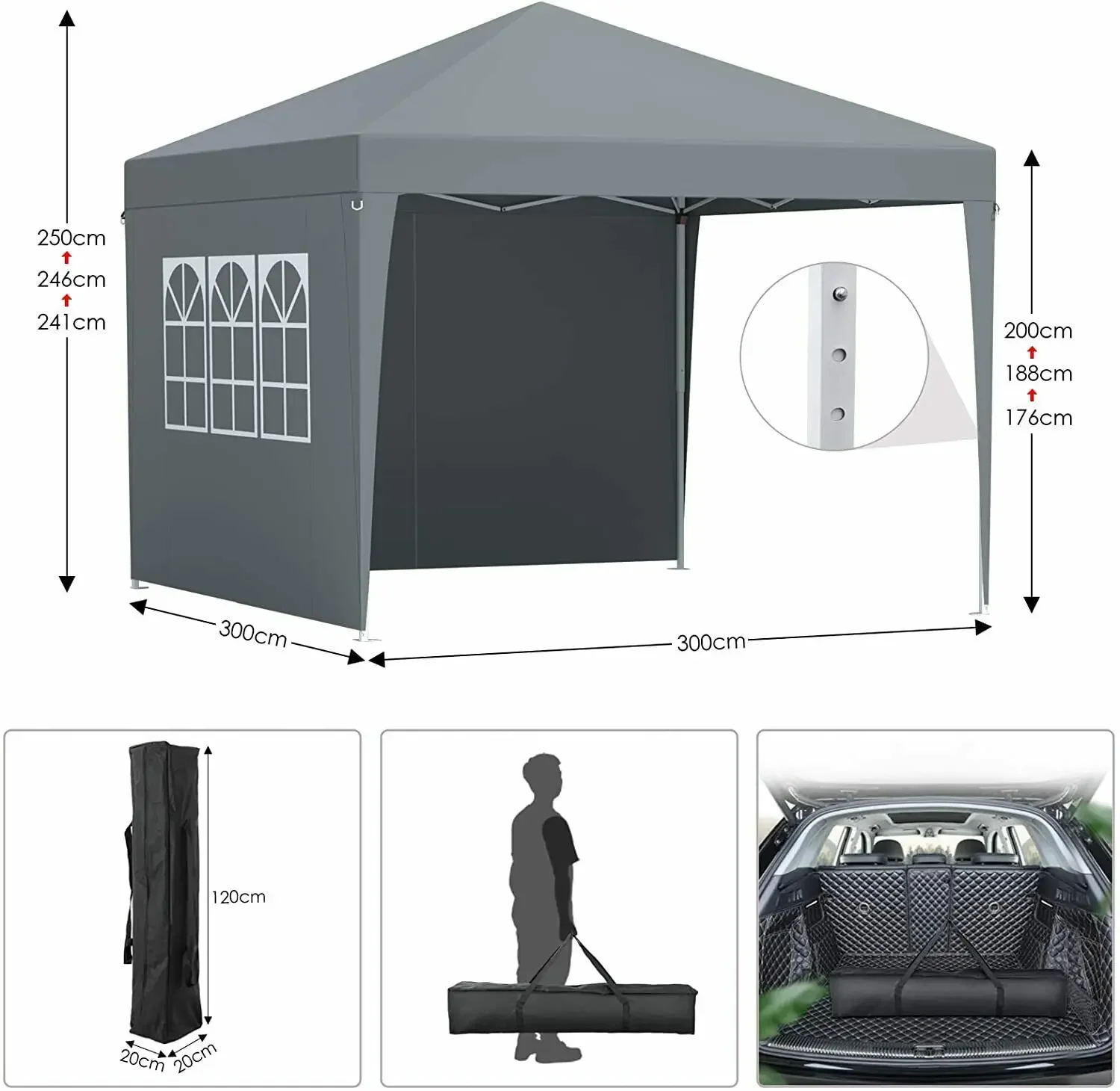 Outdoor Pavilion 3x3m Picnic Camping Tent Garden Gazebo Party Tent with 4 Side Panels Sunshade Sturdy Structure Tents for Events