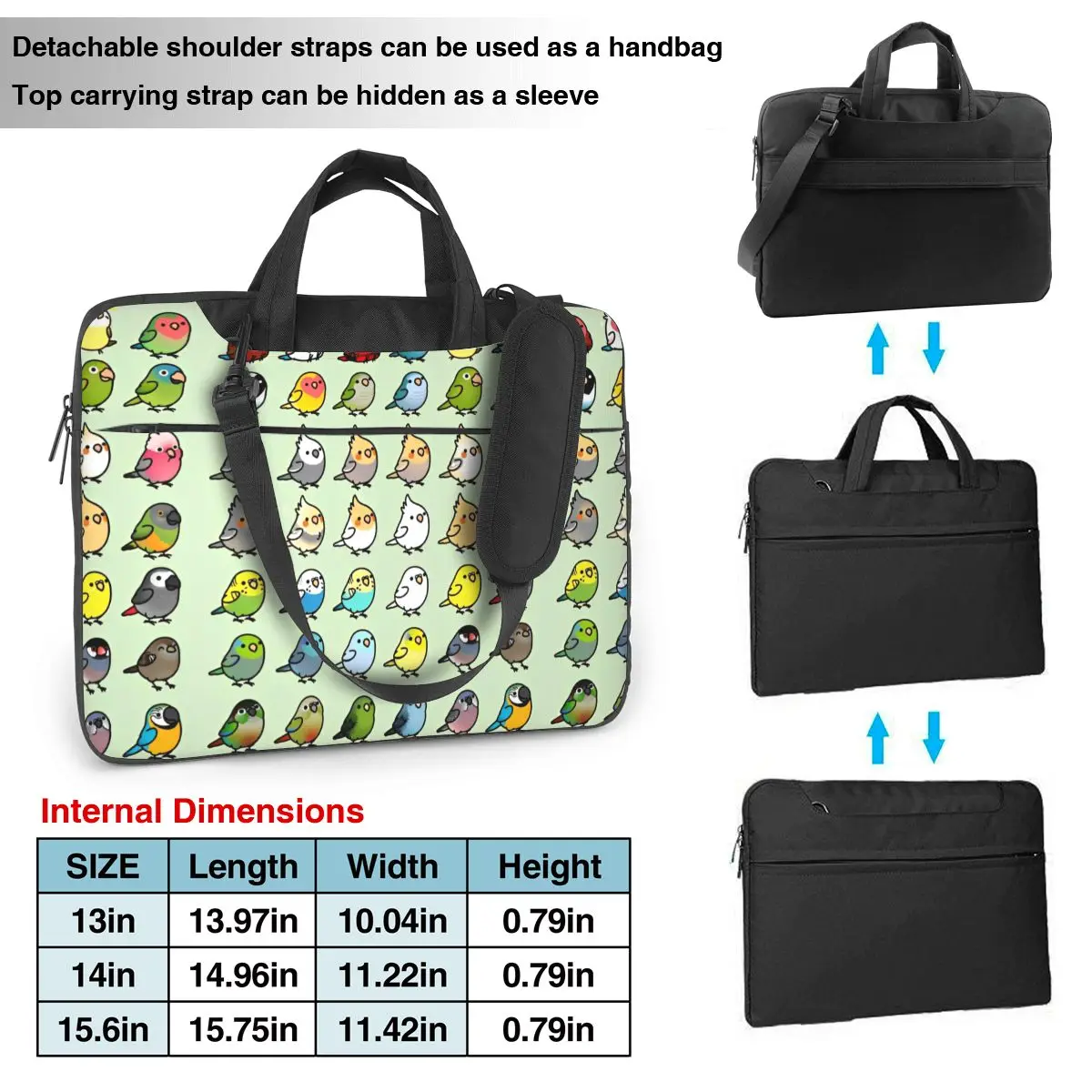 Sac à main de dessin animé de cacatoès d'oiseaux pour ordinateur portable, poudres étanches pour ordinateur portable, Macbook Air, Xiaomi, 13, 14, 15