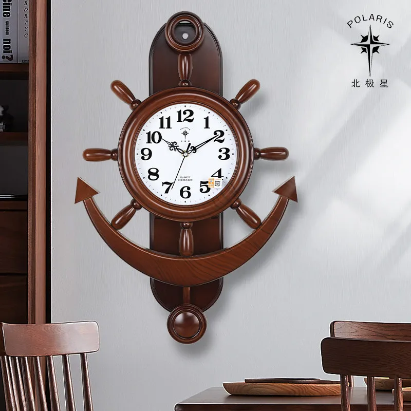 Helmsman wall clock, fashionable pastoral living room creative rudder clock Mediterranean silent pendulum clock quartz clock