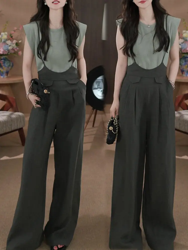 

Korean Style Lazy Fashion Set Women's Summer New Long Hanging Sensation Slimming Strap Pants Short Sleeve Stylish Set