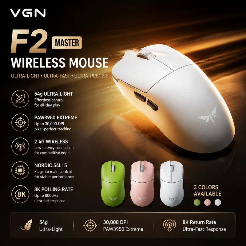 VGN F2 Master Wireless Gaming Mouse Ultra Lightweight 30000Dpi Anti Slip Sweat Resistant For Desktop Laptop