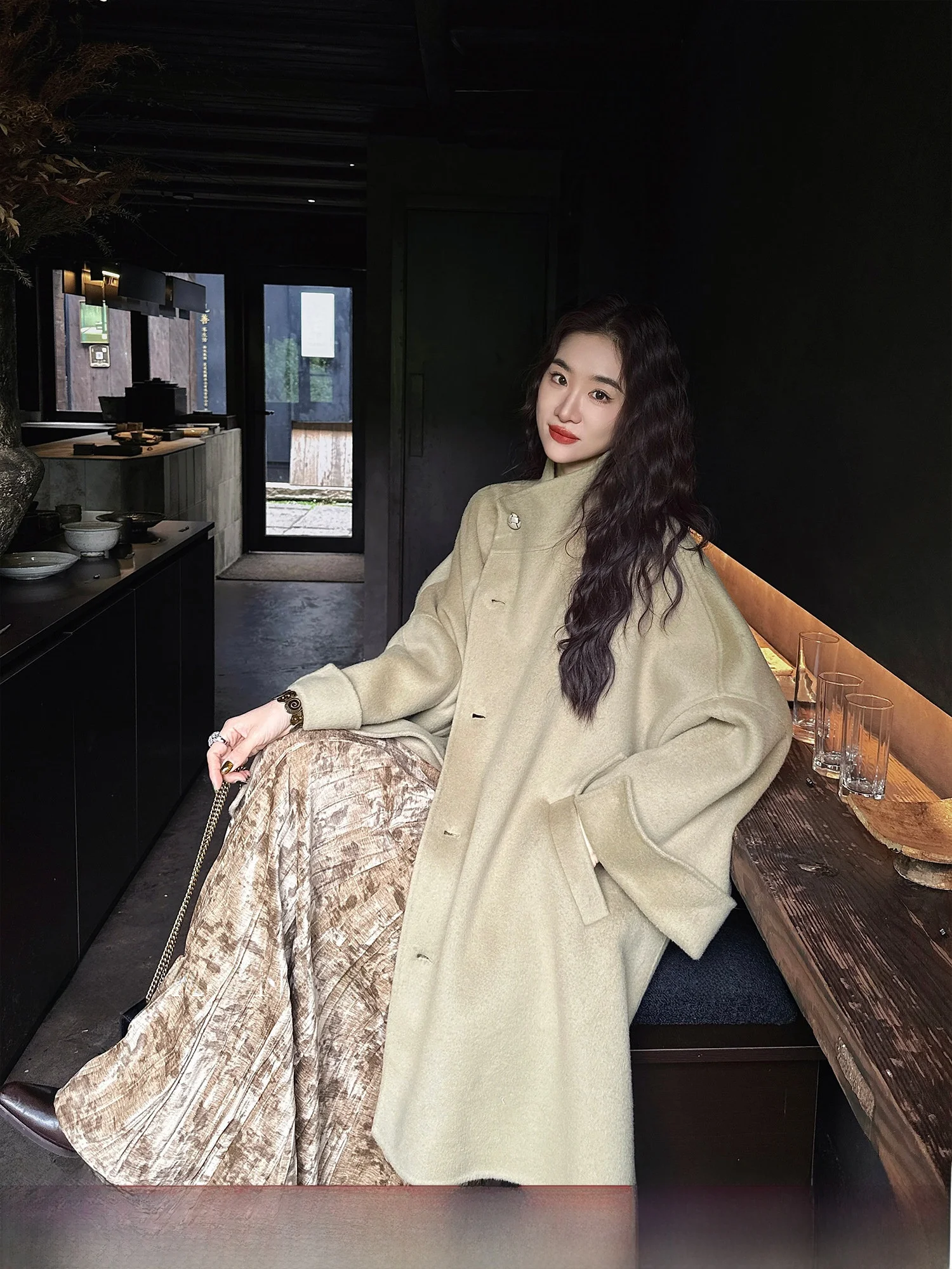 

Пальто Sanji Bla Flower из двусторонней шерсти с воротником-стойкой, зимняя модная верхняя одежда в корейском стиле, прямой крой, модель