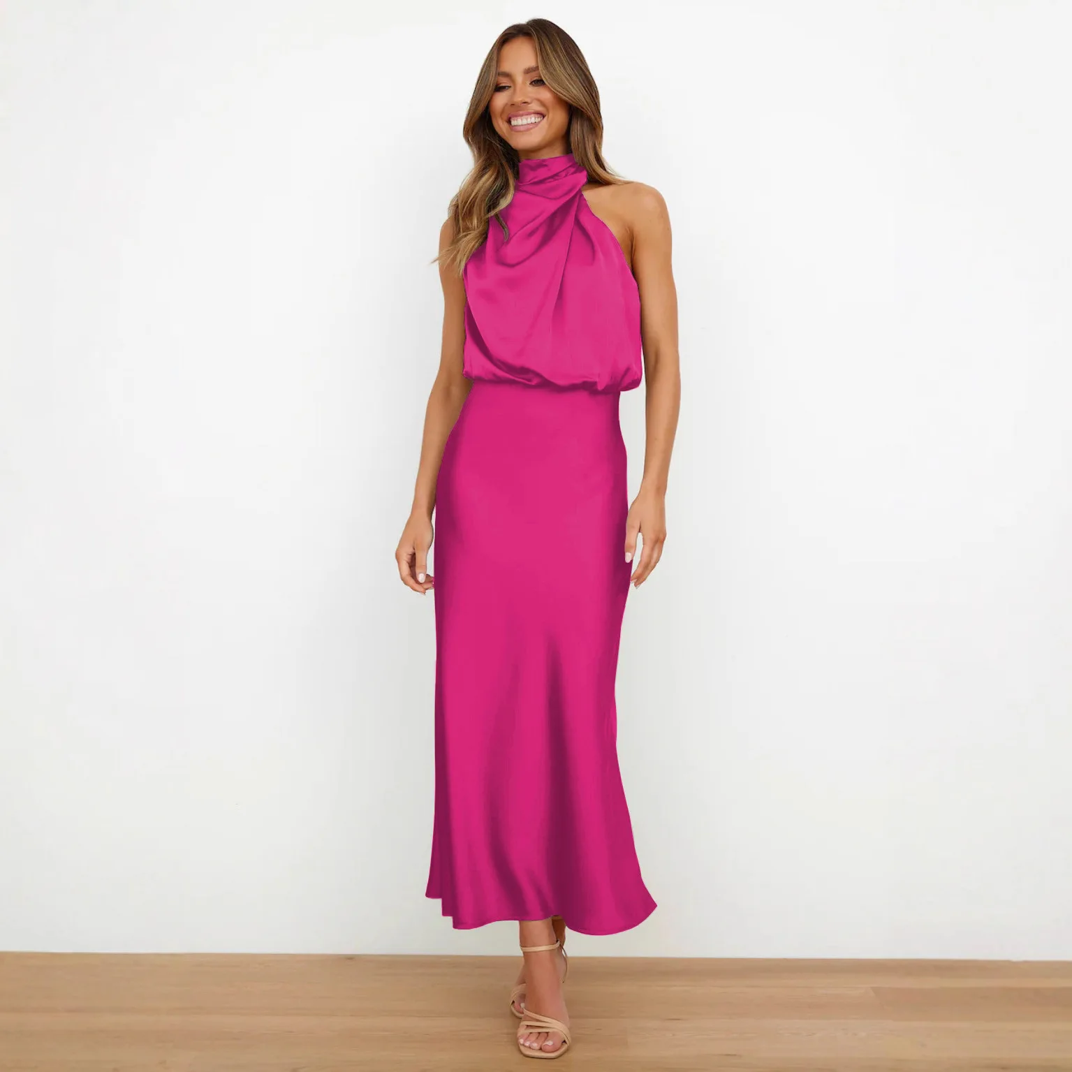 Women's Long Sleeveless Satin Dress 2026 Summer High Waist Toasting Bridesmaid Dress Elegant Socialite Sleeveless Evening Dress