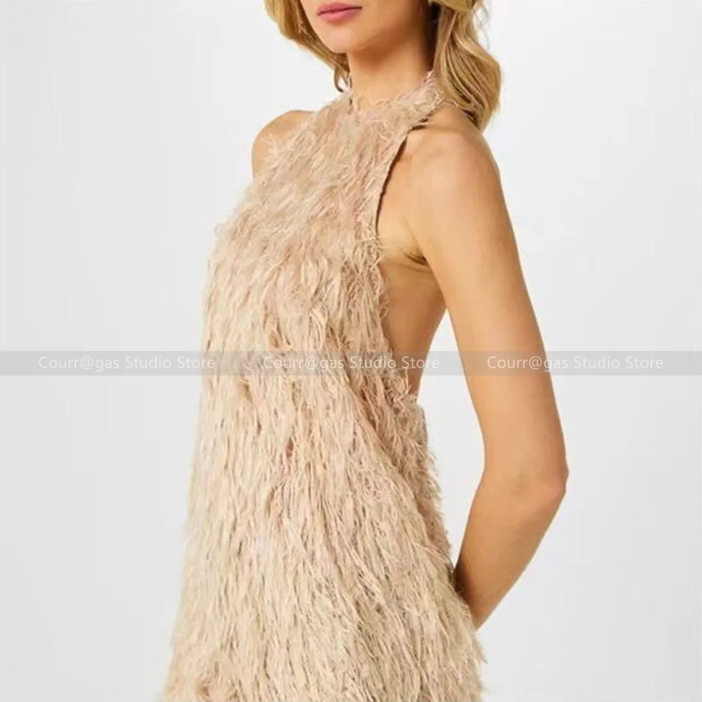 

2024 Early Spring New Fashionable Sexy Feather Hanging Neck Backless Top Women