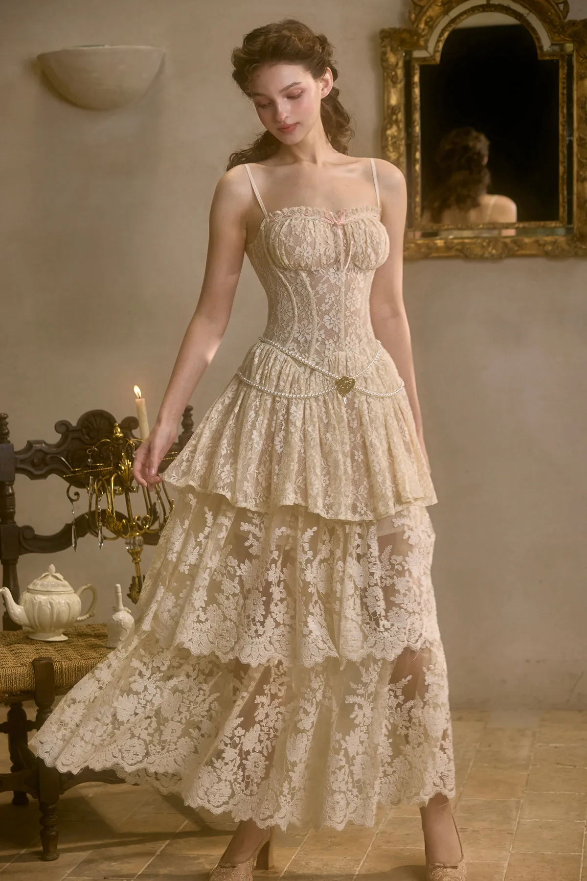 

Women's French Sweet 2 Piece Set Ivory Lace Corset Top Tiered Midi Skirt Pearl Belt Convertible Summer Party Outfit