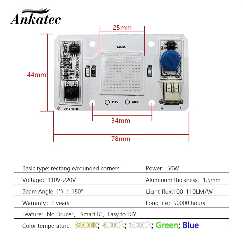 50W LED COB Chip High Voltage AC 110V 220V Driver-free 3000K 4000K 6000K Green Blue Light Welding-free DOB Light Source Board