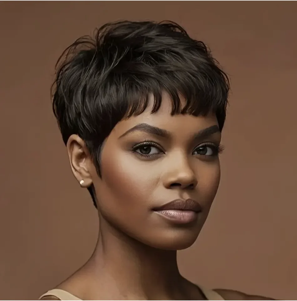 Peluca sintética corta negra estilo pixie con flequillo, peluca corta para mujer, para fiestas 3