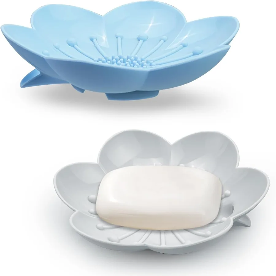

Soap Dishes 2 Pack Self Draining XL Flexible Bar Holder for Shower Steamer Silicone Flower Soap Saver Tray for Counter Bathtub