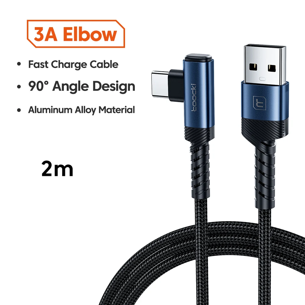 Toocki 90er ° Ellenbogen-USB-A-auf-Typ-C-Kabel 3A QC3.0 Blaues, mit Aluminium geflochtenes Schnelllade-USB-C-Kabel für iPhone 15, Samsung Power Bank