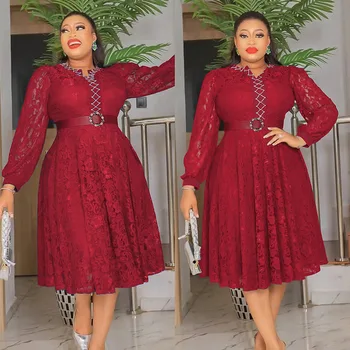 Vestidos africanos para mulheres verão outono áfrica roupas de manga longa renda sexy com decote em v vestido fino senhora do escritório festa vestido de renda