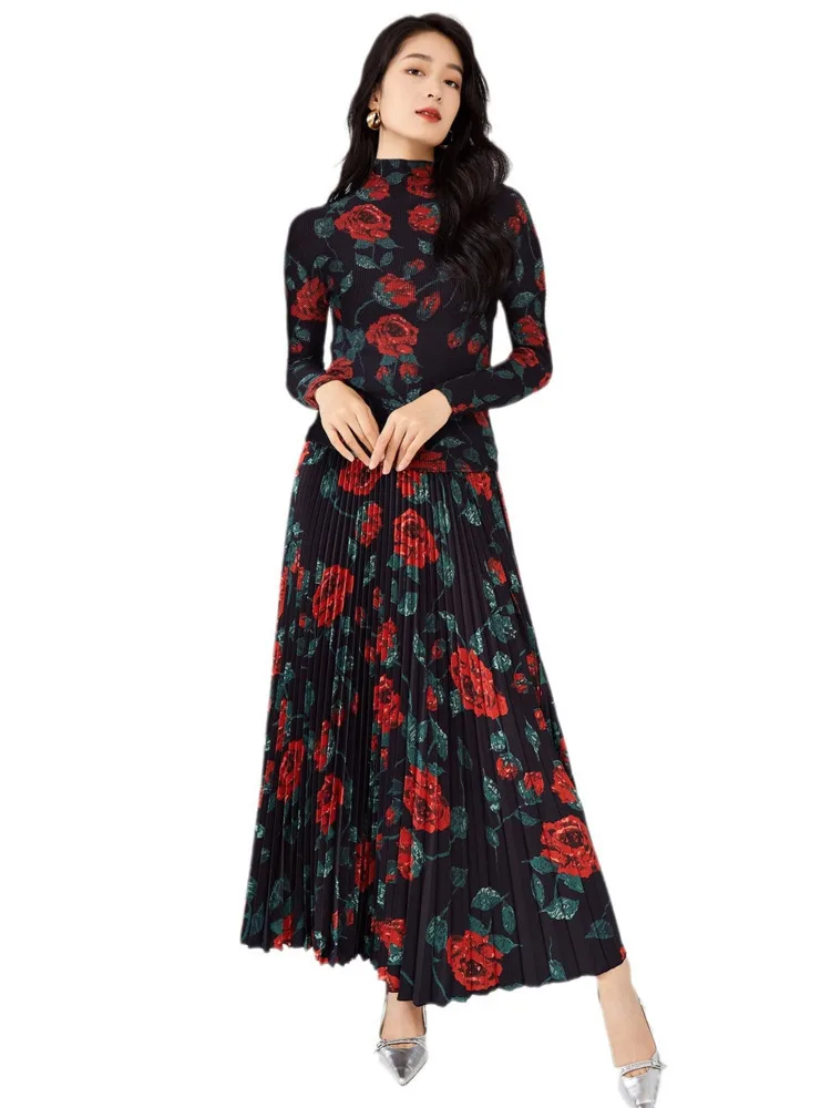 LANMREM Flower Print Sets For Women Pleated T-shirt Long Sleeves With A Line Skirts Elegant Clothing 2024 Summer New 2DA6510