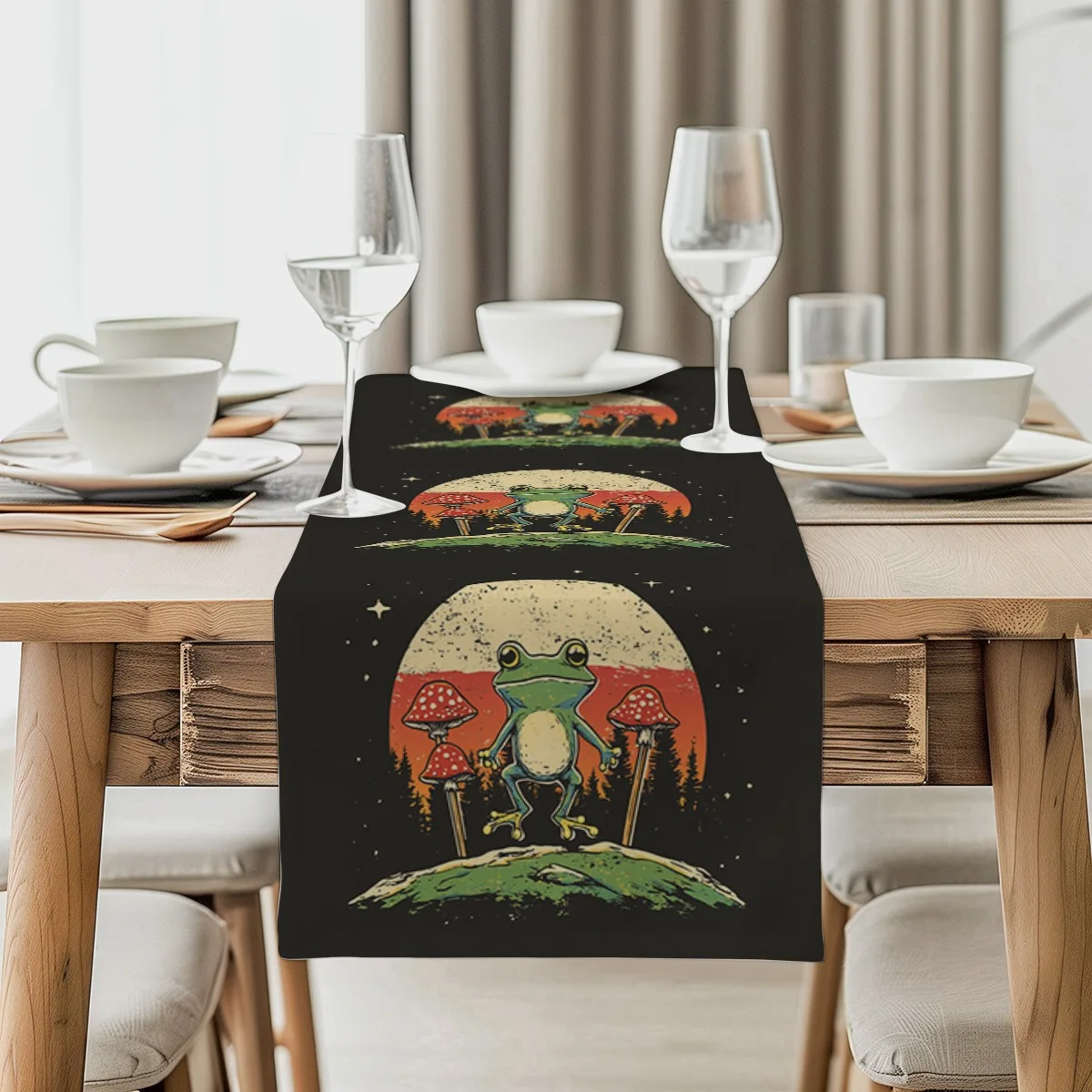 Mushroom Frog Retro Print Table Runner, Stain-Resistant, Versatile for Multiple Scenarios Table Runner