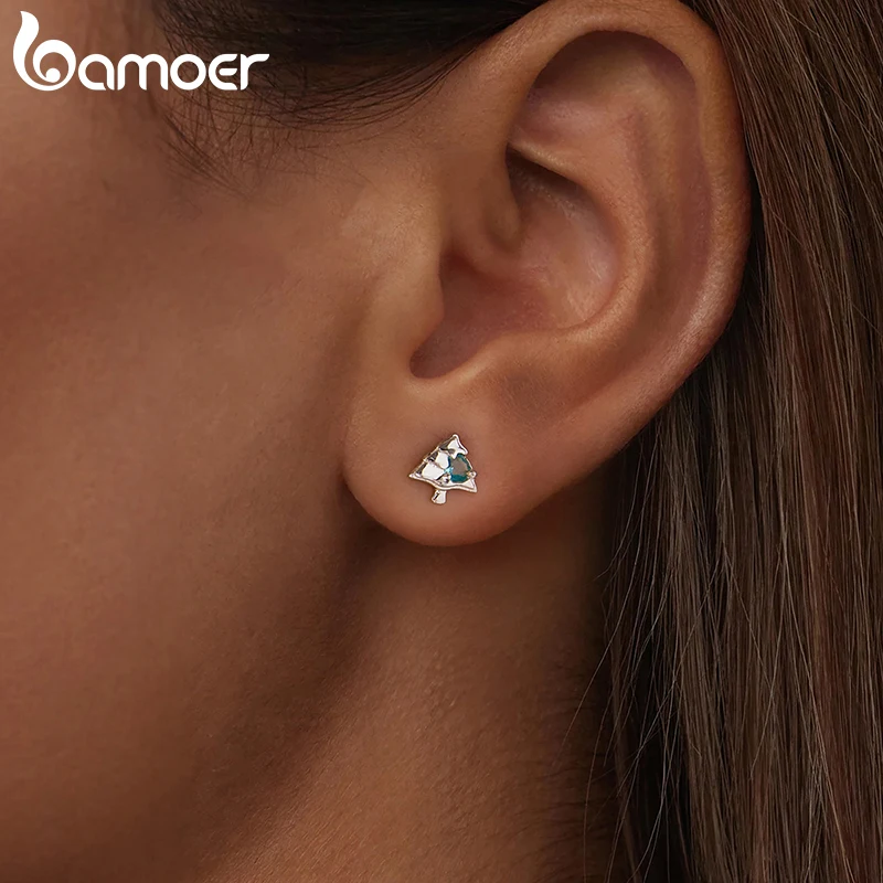 BAMOER 925 sterling zilveren kerstboom oorknopjes, verguld wit goud groen hart CZ piercing oorbellen voor meisjes kerstcadeau