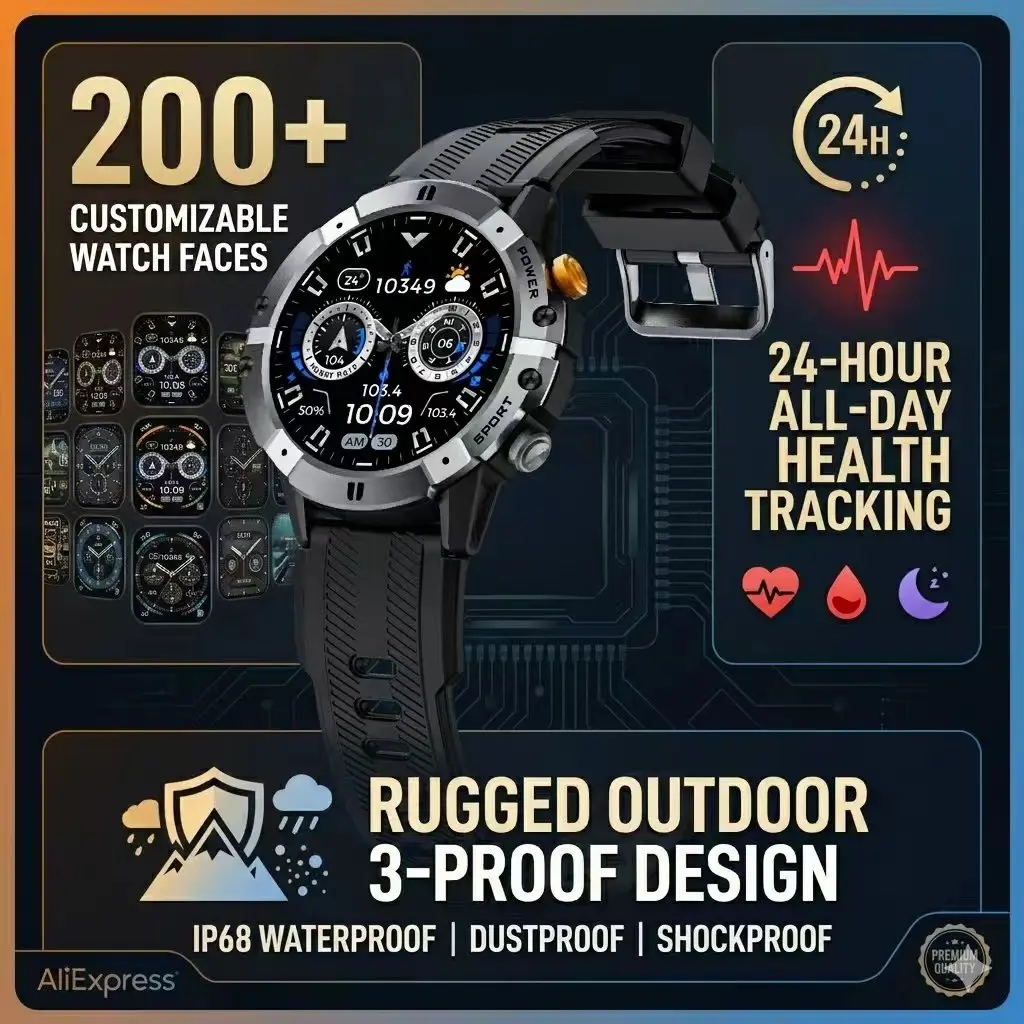 

Rugged Outdoor Smart Watch for Men Women - 100+ Sport Modes, IP68 Waterproof, Wireless Sync Fitness Tracker with Heart Rate & Bl