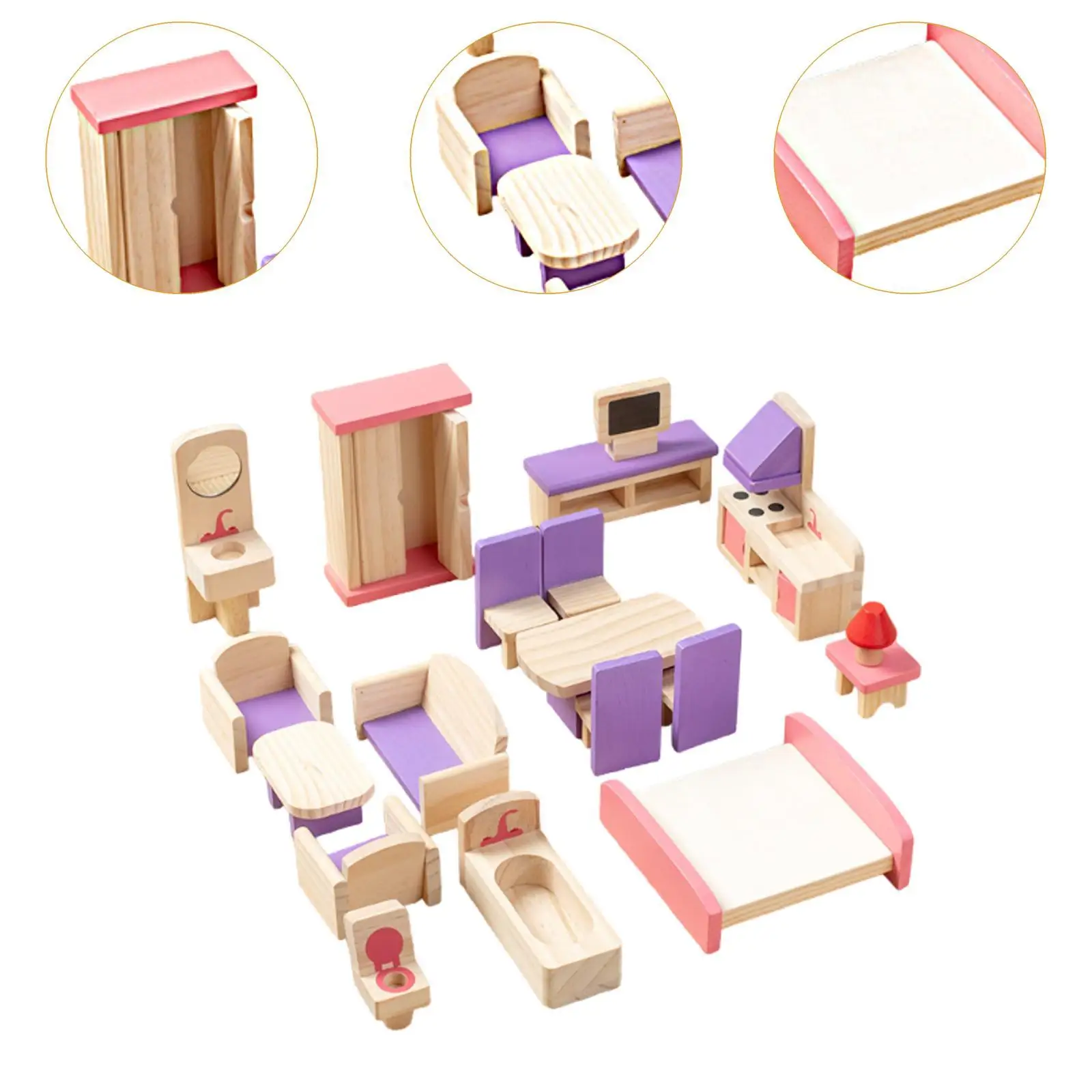 19x Puppenhausmöbel aus Holz Puppenhauszubehör Simulation Holzspielzeug