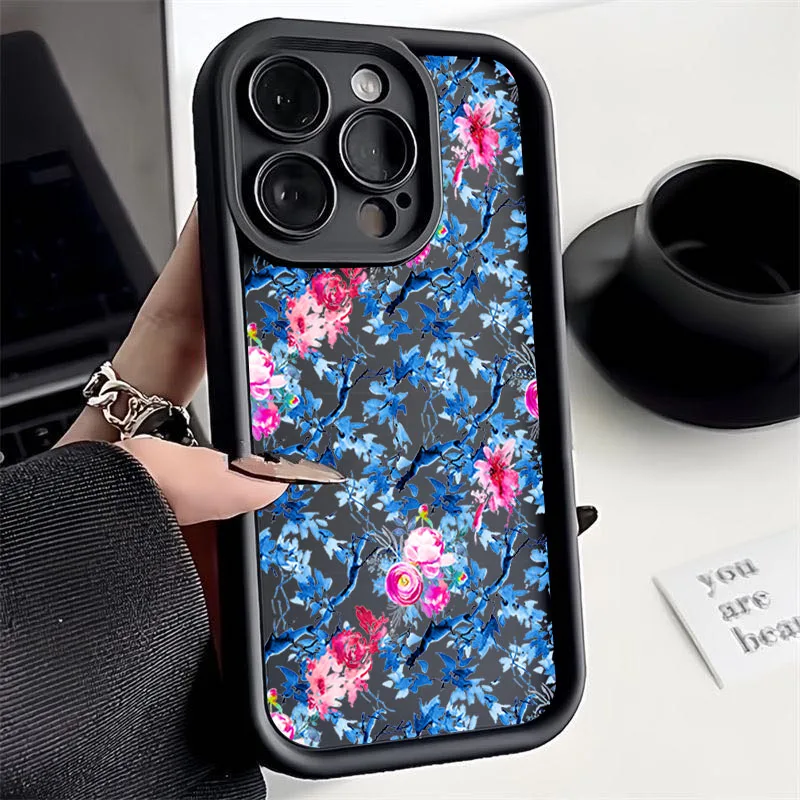 

Phone Case For iPhone 16 13 15 14 12 11 Pro Max XS X XR Blue Branch Flower For iPhone 16E 14 15 7 8 SE Plus 13 Pro Cover Cases