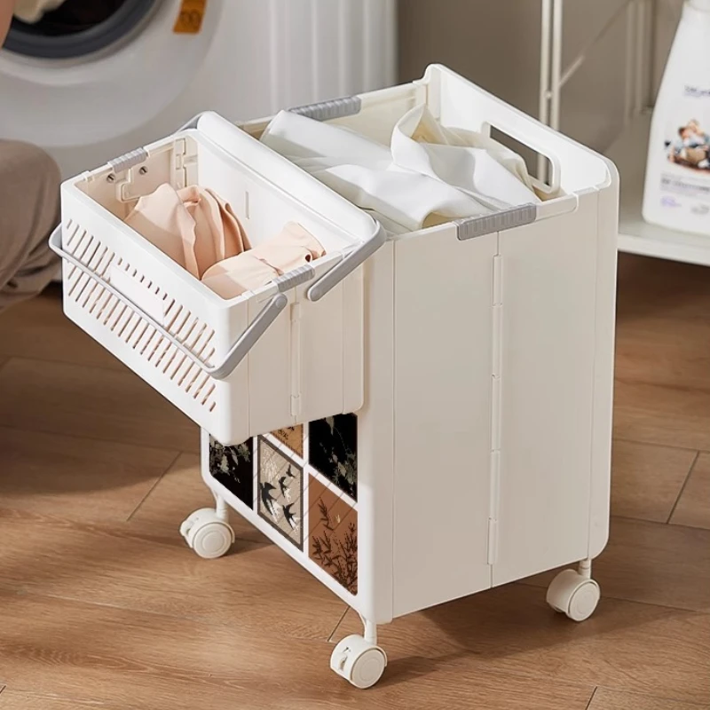 

Vintage Rolling Laundry Cart Hanging Basket Wheels Foldable Bath Organizer Heavy-duty Storage Bulk Items Portable Compact Design