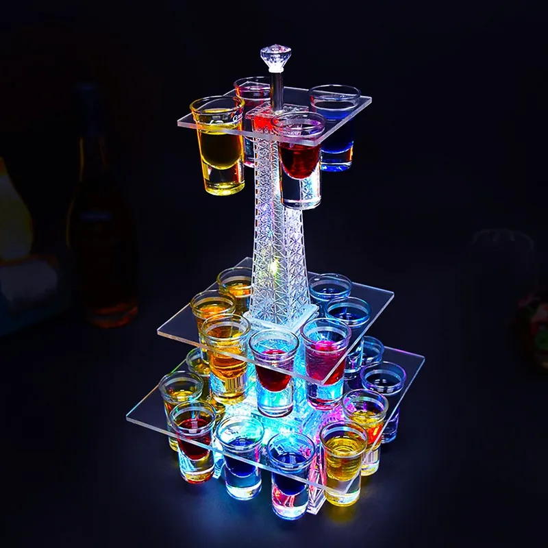 New Colorful Led Luminous Crystal Tower Cocktail Cup Holder Stand Bar Nightclub Shot Glass Glorifier Display Rack Disco Decor