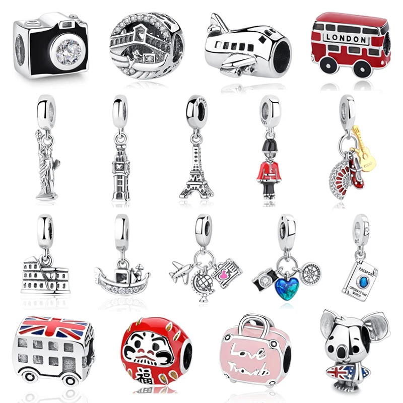 Original 925 Sterling Silver Charms Camera Suitcase London Bus Pendant Beads Fit Pandora Bracelets Necklaces Jewelry For Women