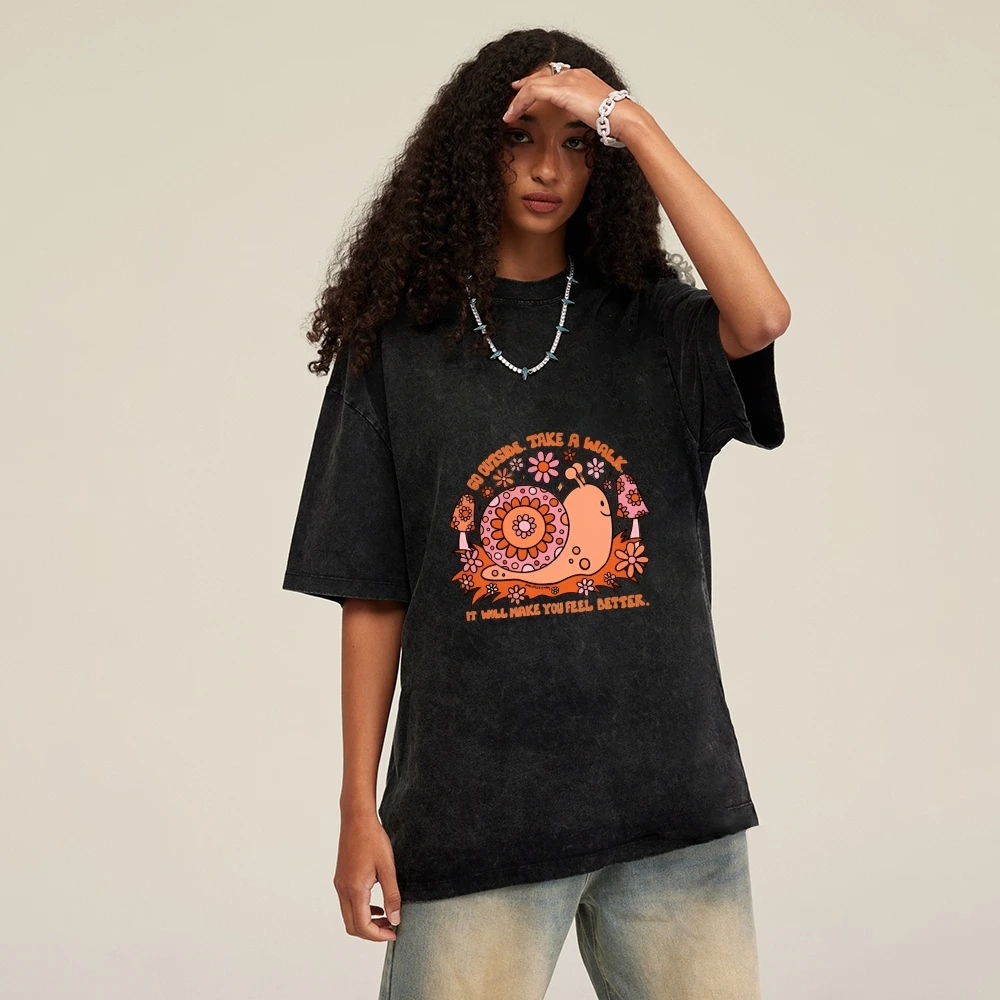 

Retro Snail Tee Vintage Snail Flower Pattern Washed Casual Loose Short Sleeved Summer Cool Playful Unique Comfortable Top