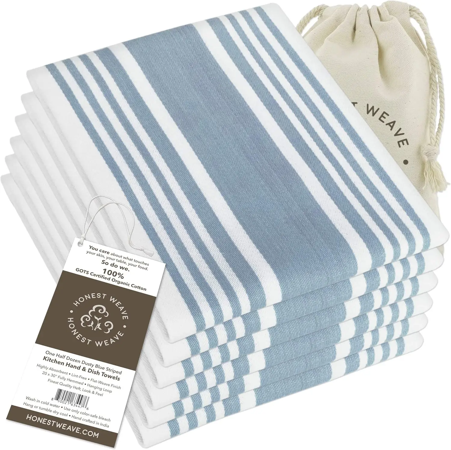 

Organic Cotton Kitchen Towel Set, 20x30 Inches, Fully Hemmed, Designer Colors, 6-Pack in Dusty Blue Stripe