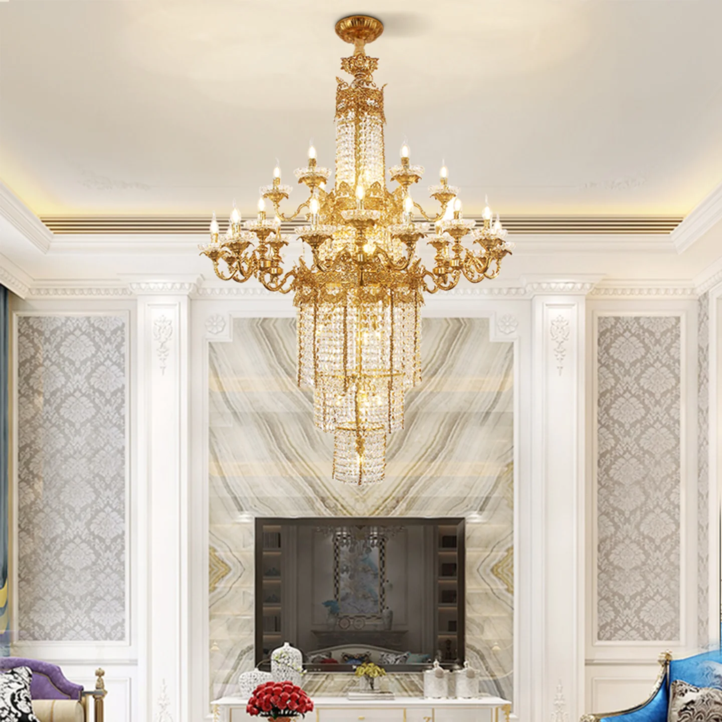 French Royal Luxury Villa Duplex Living Room Crystal Tassel Chandelier Hotel Dining Room Banquet Hall Copper Pendant Light