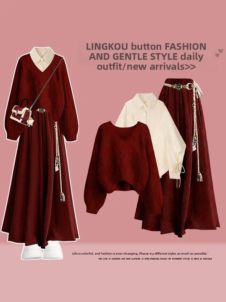 

plus Size Autumn Winter Knitted Set Women's New Year Robe Red Sweater Inner Slimming Casual Pants Three Piece Set Fashionable...