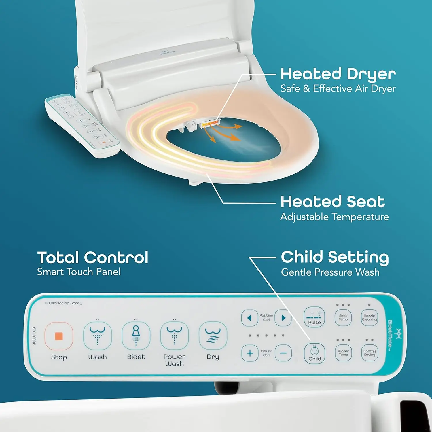 1000 Series Electric Bidet Heated Smart Toilet Seat with Heated Water, Side Control Panel, and Warm Air Dryer  Adjustable