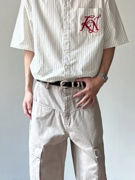 

Мужская рубашка в американском ретро-стиле с полосками, свободного кроя, повседневная, дышащая, из полиэфирного волокна