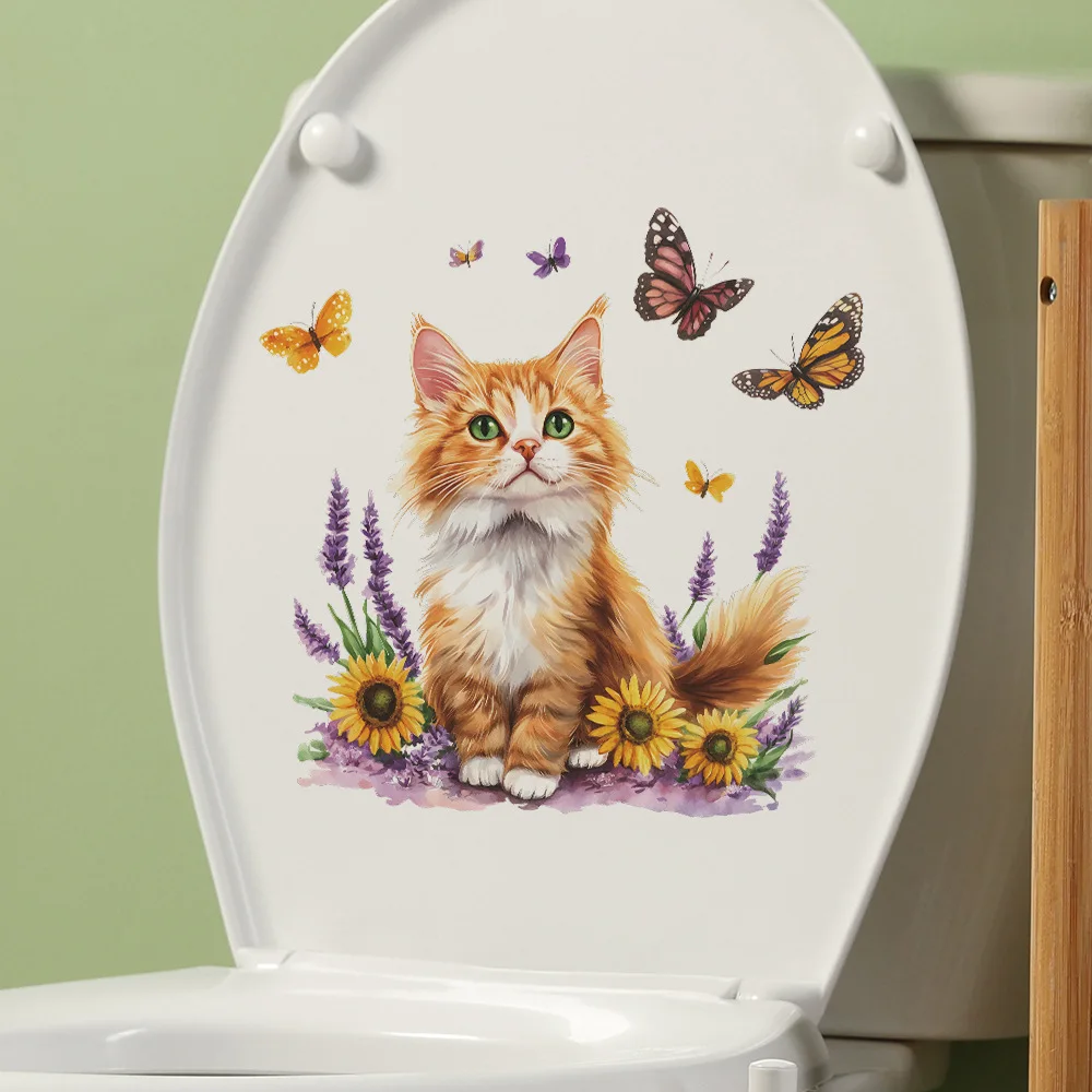 Cartoon Cat Flower Butterfly Wall Stickers Bathroom Toilet Decoration Mural Living Room Cabinet Home Decor Self-adhesive Decals