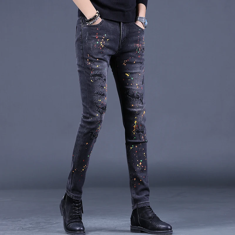 Dots Printed Ripped Black Jeans Men Autumn Gray Black Slim Fit Straight Pants Streetwear Casual Stretch Denim Trousers