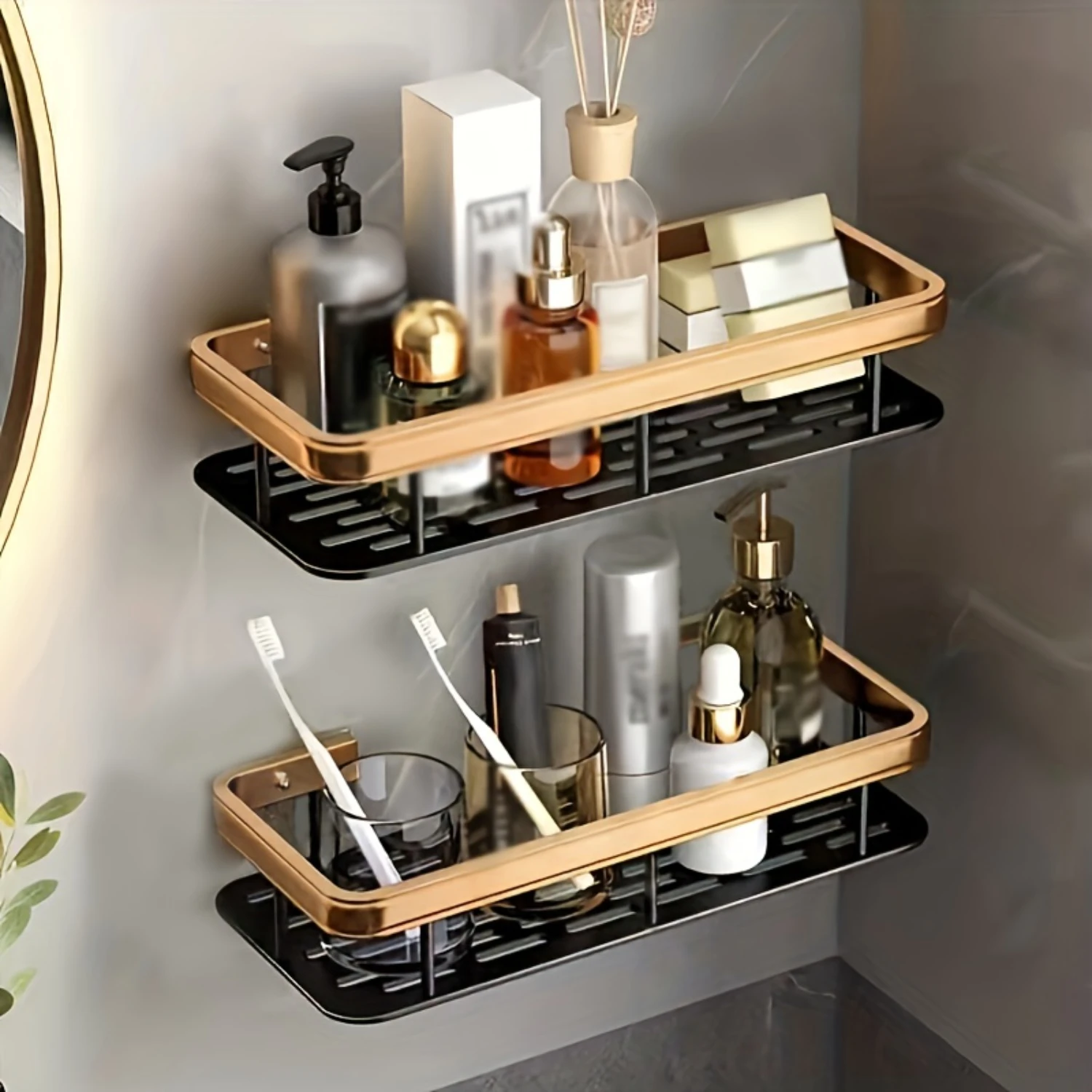 

1pc Shower Caddy Adhesive Wall Mounted No Drilling Washstand Organizer Aluminum Alloy Rustproof Shelf Bathroom Kitchen Rack Bat