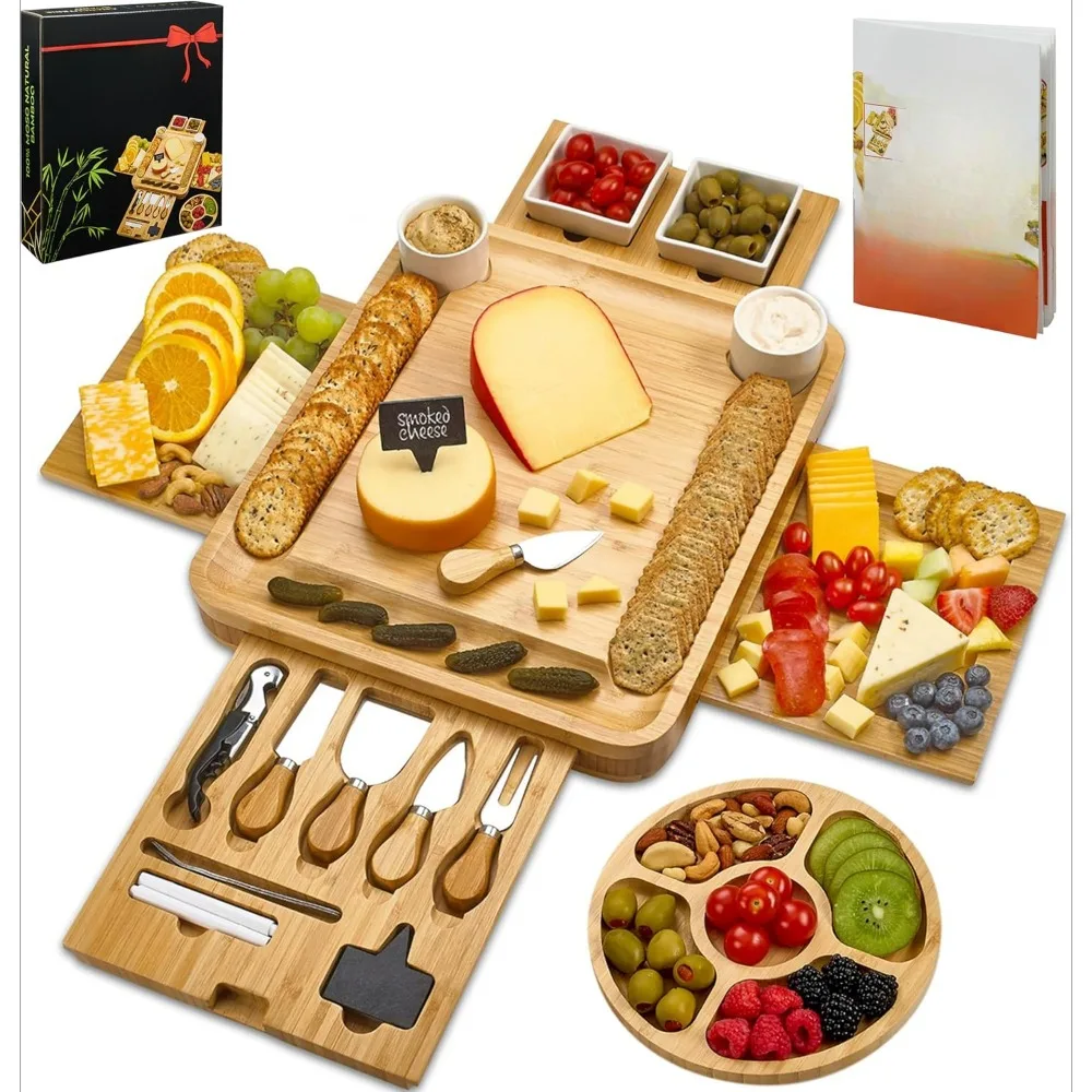 Large Charcuterie Board Set - Bonus Recipe Book - 2 Ceramic Bowls & Plates, 4 Magnetic Drawers Bamboo Cheese Knife Set