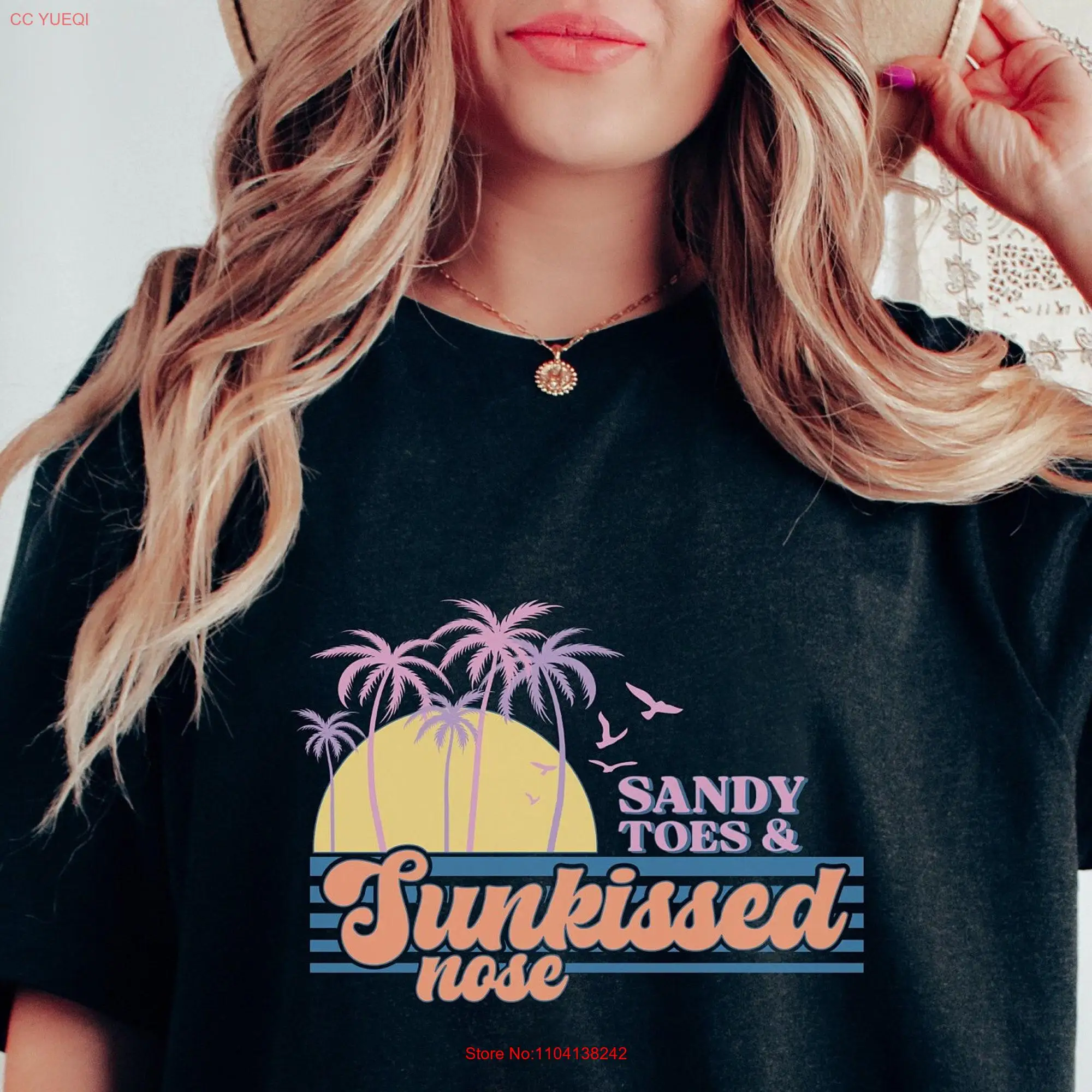 Summer T Shirt Sandy Toes and Sunkissed Nose Beach Vacay Mode Cruise Retro Womens long or short sleeves