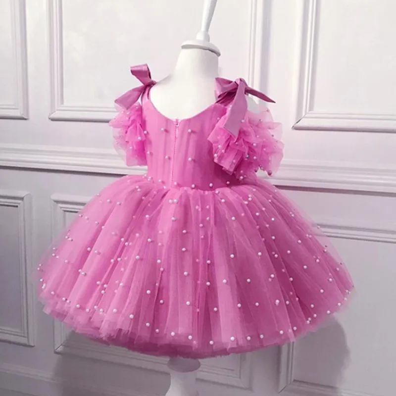 Sweet Kids Princess Dress Baby Girls Pearls Beading Bow Wedding Birthday Gown Children Summer Off-Shoulder Clothes 1 To 6 Years