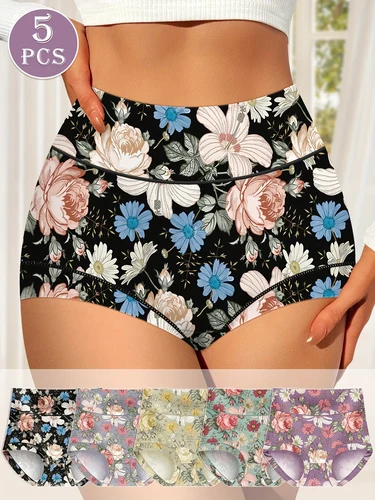 5 calzoncillos elegantes de cintura alta para mujer: control de barriga y levantamiento de glúteos, ajuste cómodo con diseño de estampado floral