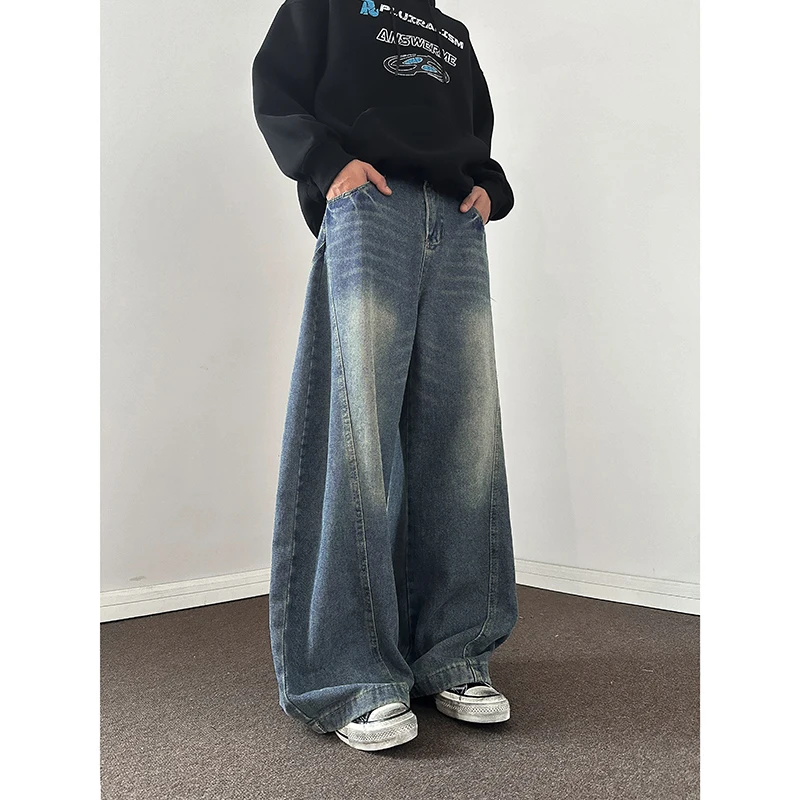 

Blue Baggy Jeans Men Oversized Fashion Retro Wide Leg Jeans Men Streetwear Hip-hop Loose Straight Jeans Mens Denim Trousers