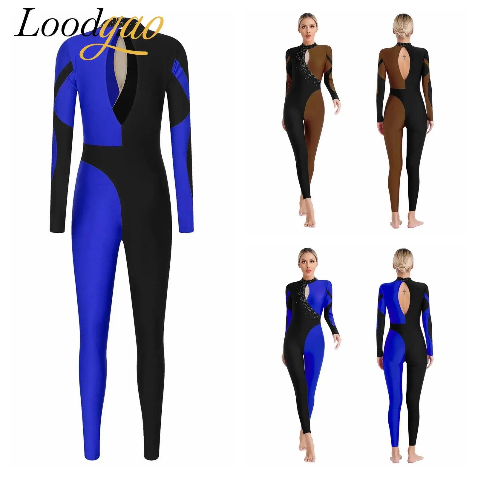 

Women Contrast Color Rhythmic Gymnastics Bodysuit Ballet Dance Leotard Yoga Dance Costume Figure Skating Long Sleeve Jumpsuit
