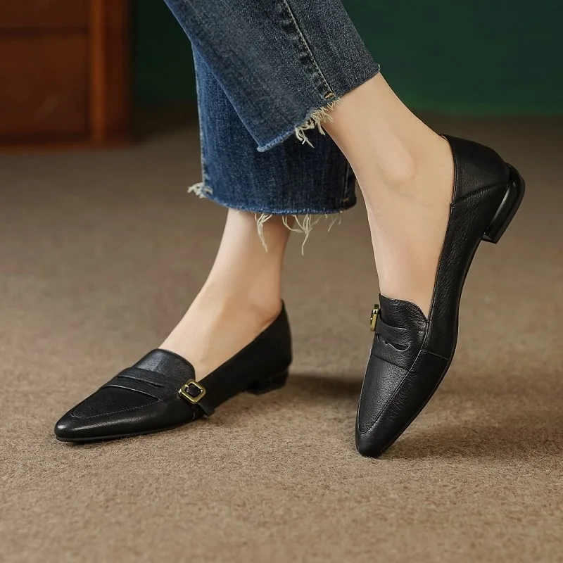 

Women Retro Flats Simple Shoes Slip On French Style Mules Ladies Shoes Cowhide Daily Loafers Slip On On Low Heel Muller Shoes