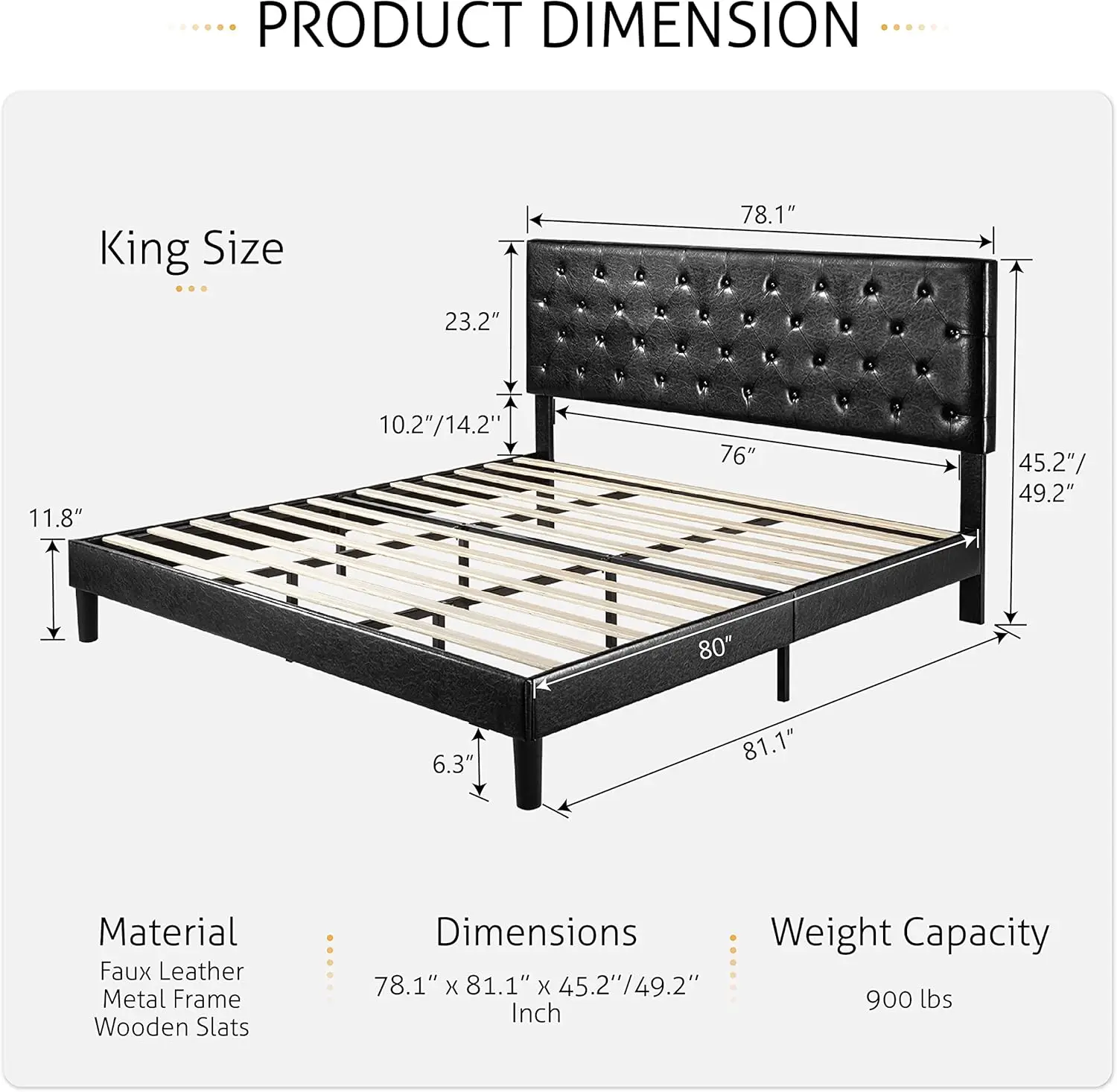 SHA CERLIN King Size Platform Bed Frame with Button Tufted Headboard, Faux Leather Upholstered Mattress Foundation