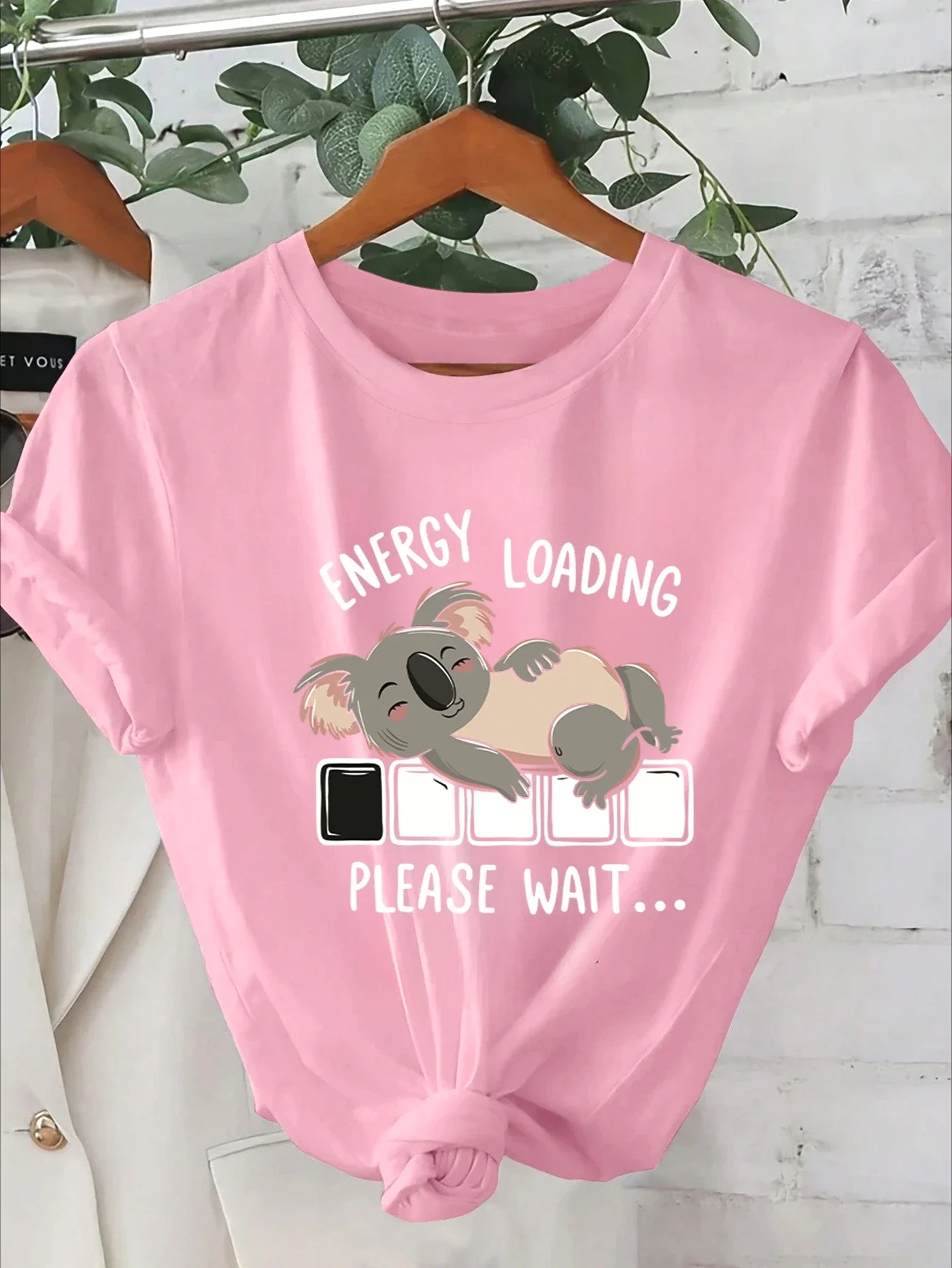Women's Energy Loading Graphic Tee Casual Short Sleeve Round Neck Summer T-Shirt Koala Battery Casual Tops Daily Wear Clothing