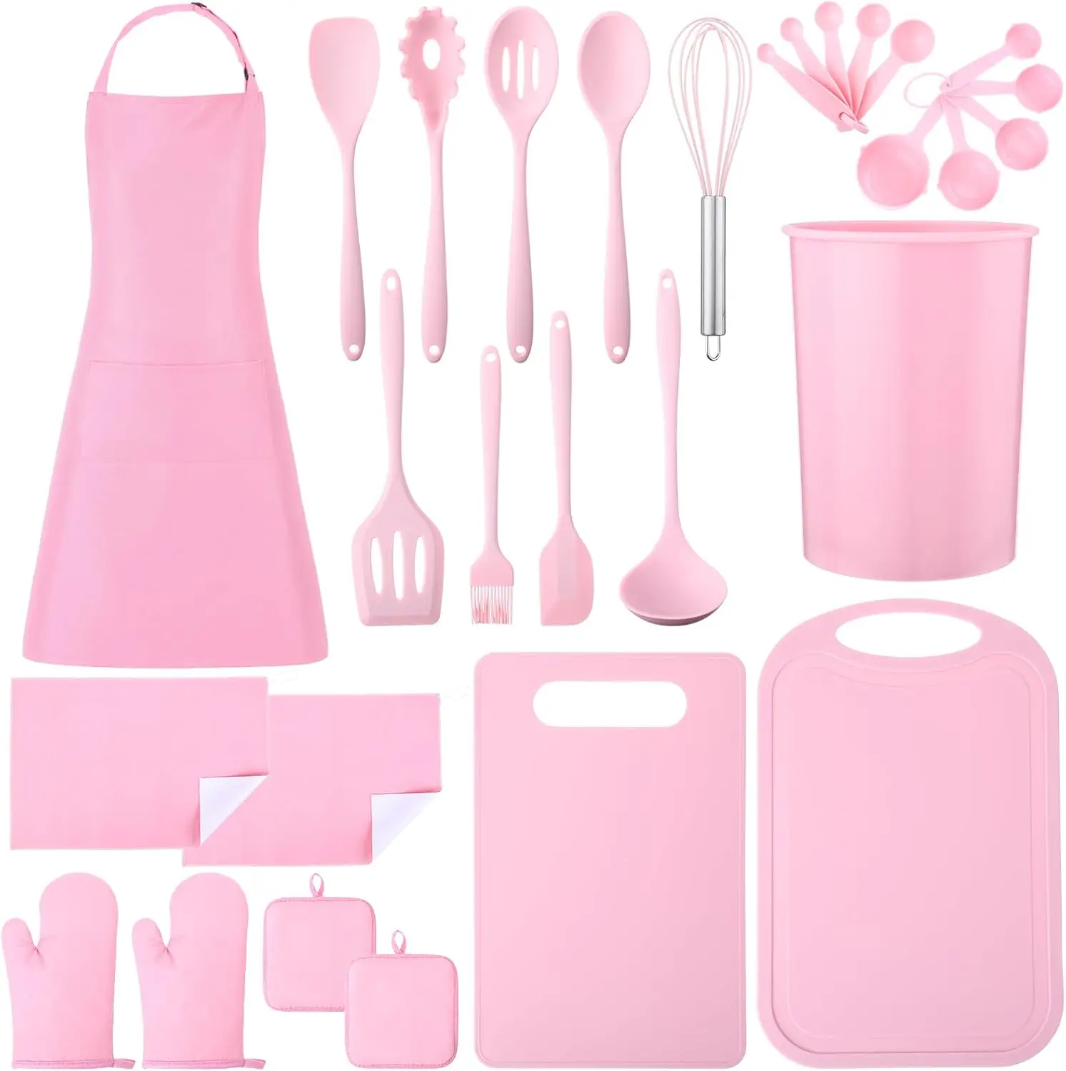 

29 Pcs Pink Kitchen Decor Accessories Set Includes 20 Silicone Cooking Utensils Set 2 Dish Towels 2 Potholders 2 Oven Mi