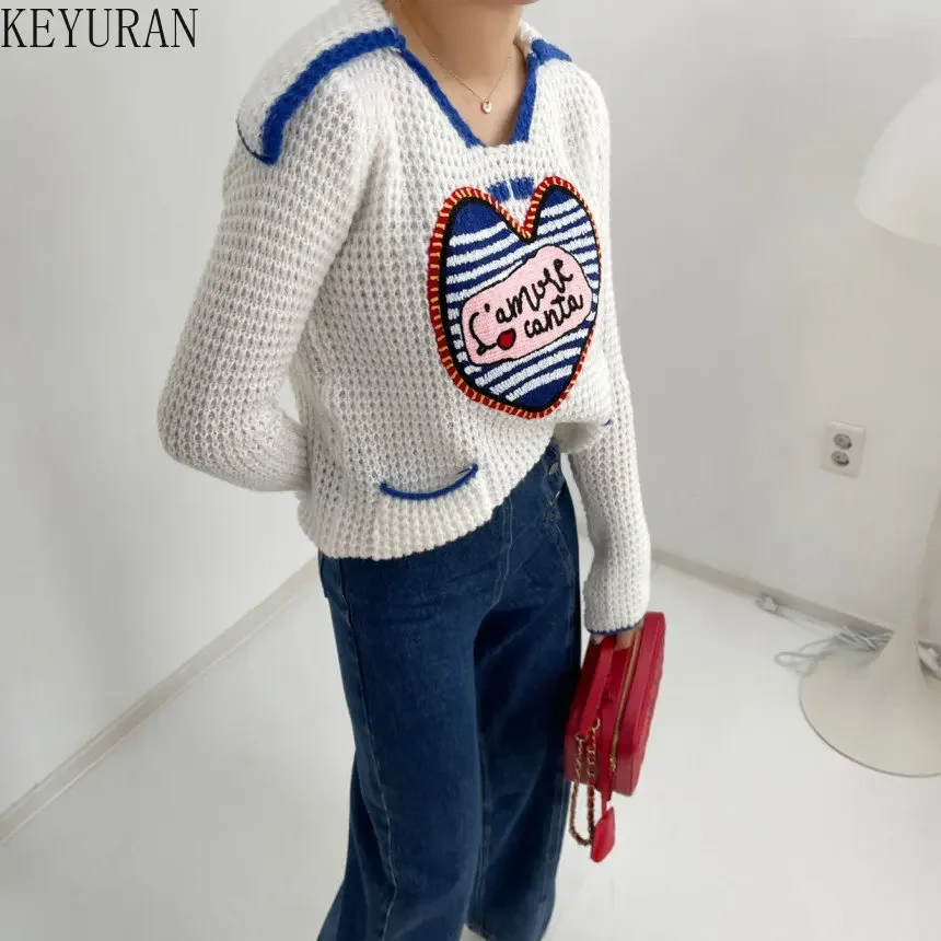 2024 Autumn Winter Sailor Collar Pullover Sweater Women Korean Fashion Long Sleeve Love Striped Knitted Sweaters Woman Jumper