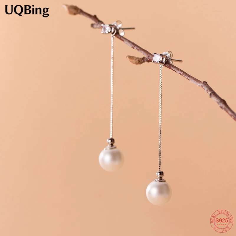 

Long Box Chain Synthetic Pearl Zircon Drop Earrings for Women 100% Real 925 Sterling Silver Jewelry