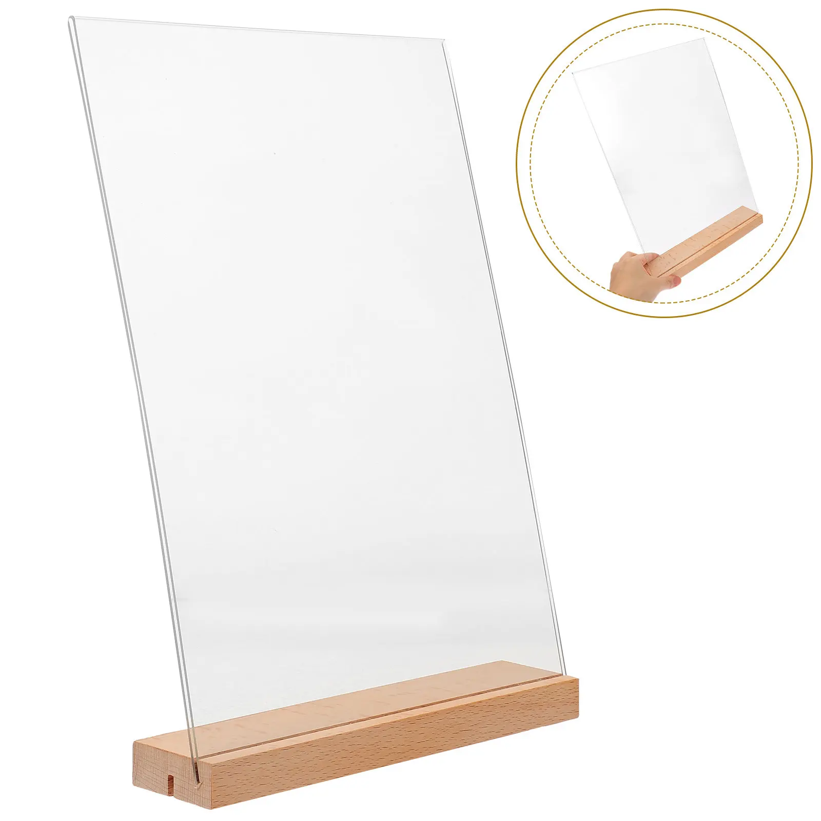 

Прочный акриловый держатель для вывесок с основанием из массива дерева, прозрачная настольная подставка для демонстрации вывесок, держатели меню для столов, А-образные таблички