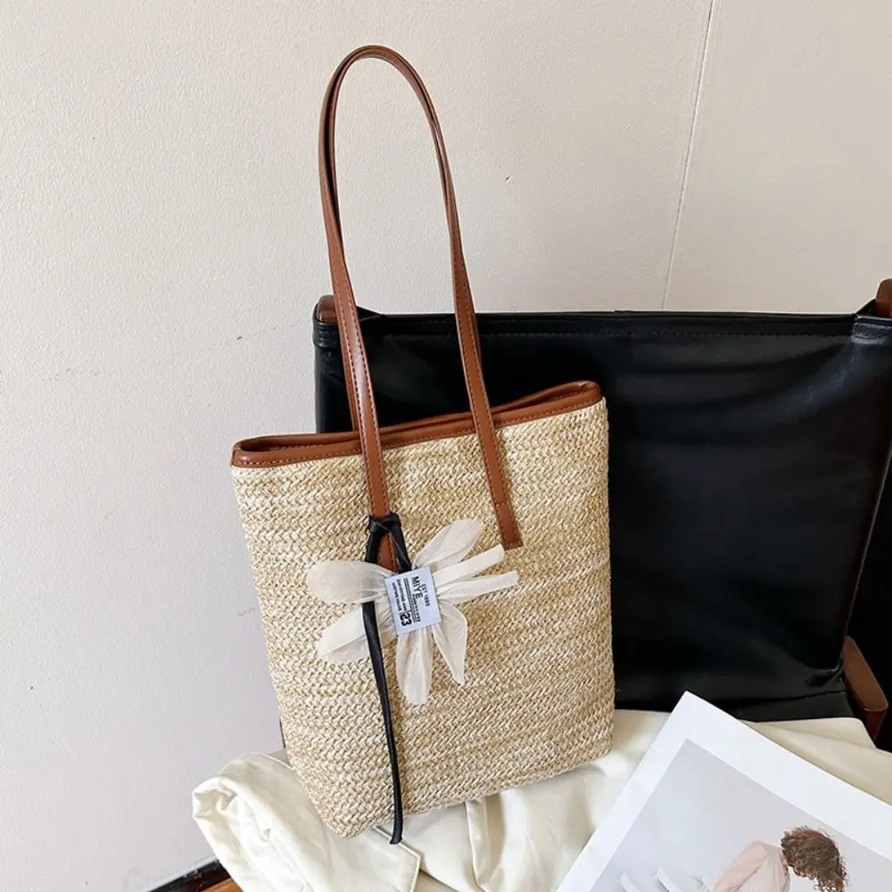 

Trendy Bohemian Style Rainbow Woven Handbag with Flower Pendant Elegant Crochet Underarm Bag Beach Sweet Summer Bucket Bag Girls